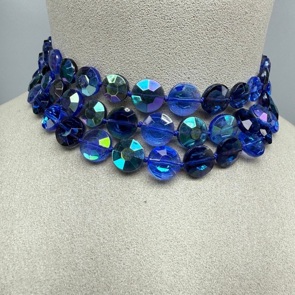 VTG Multi Strand Blue AB Crystal Bead Collar Necklace 12-14" Glam Party
